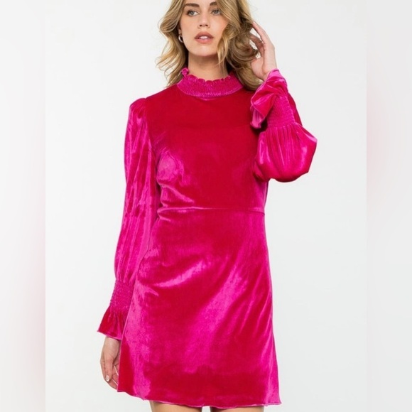 Velvet velour hot pink fuschia fitted long sleeve mini dress - Picture 6 of 6